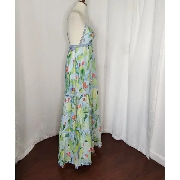 CHARO RUIZ IBIZA Maxi  Dress XS Salamanca Barbary Fruits Blue Green Cotton Resor - Picture 7 of 16